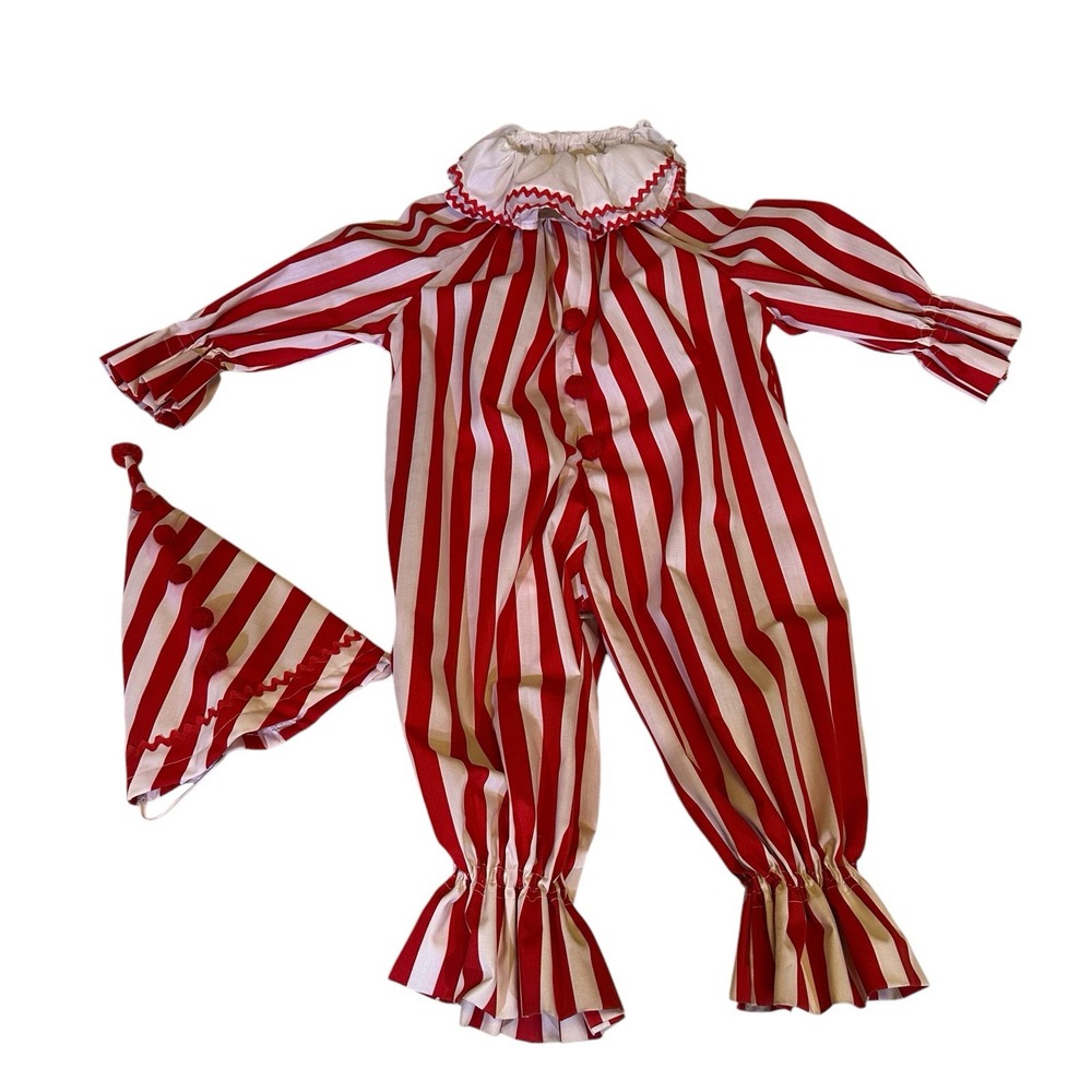 Vtg Handmade Child Halloween Clown Costume Red White Stripe Collar & Hat L/XL‎